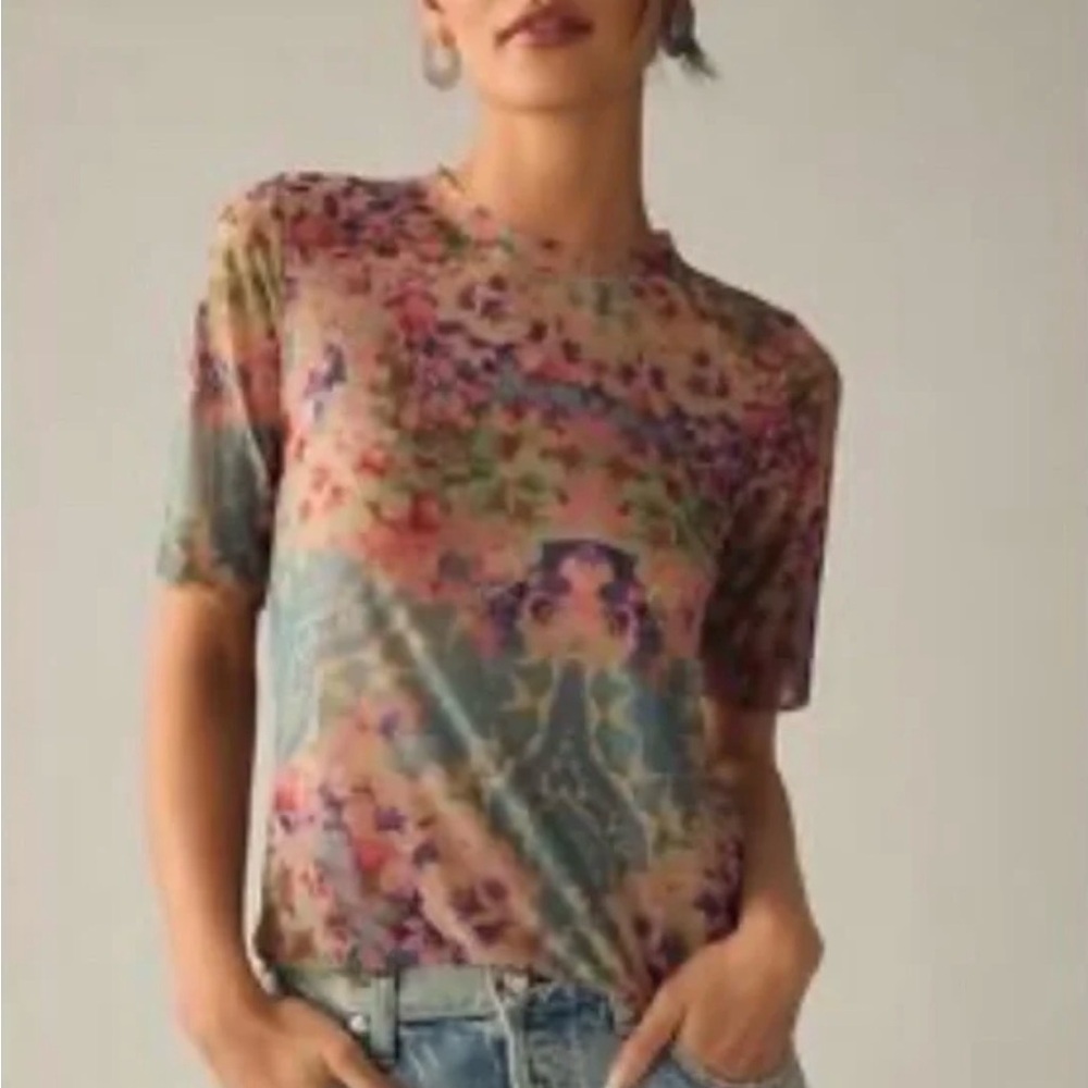 Anthropologie (Porridge) | Semi-Sheer Floral Print Gauze Top, XL